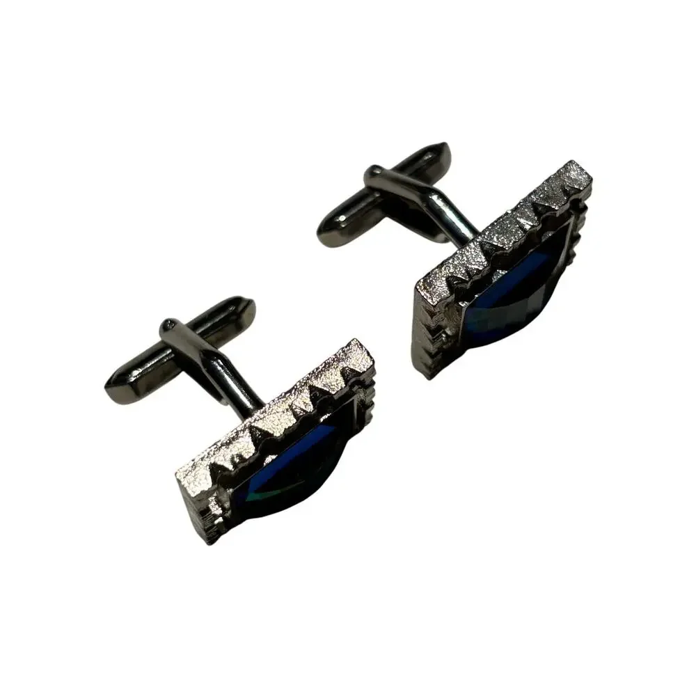 Vintage Mid Century Silver Cufflinks Textured Faceted aqua blue green centers